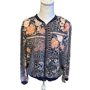 Navy and Coral Pink Floral SoHo Jeans Bomber Jacket Sz Large